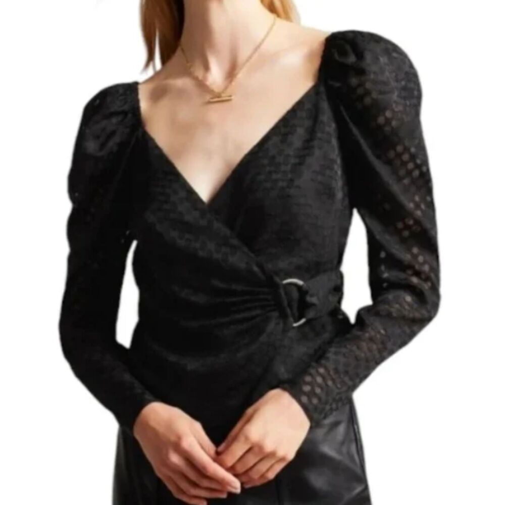 Ted Baker London Lazare Blouse Ring Detail Wrap Top Black Textured Women's 6